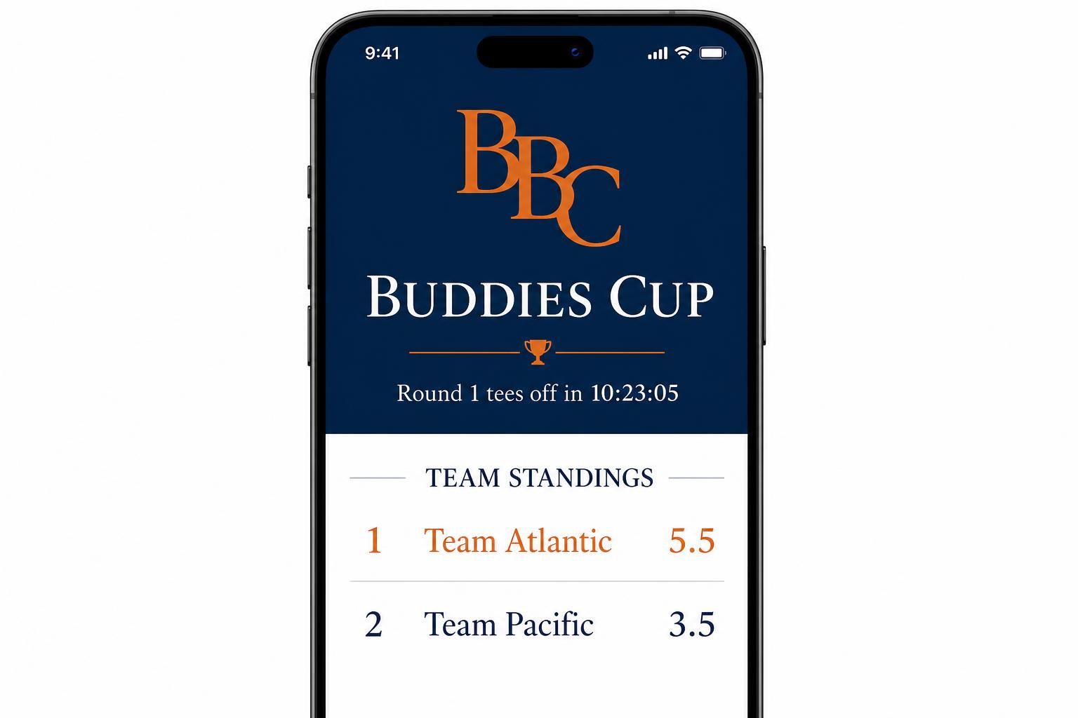 Preview of the Bandon Buddies Cup sample app — team standings and countdown